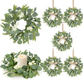 6 Pcs Green Artificial Eucalyptus Swag Wreaths Spring Summer Candle Rings Wreath with White Berries Mini Green Kitchen Cabinet Wreaths with Ribbon for Front Door Porch Wall Window Farmhouse Decoration