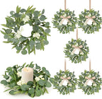 6 Pcs Green Artificial Eucalyptus Swag Wreaths Spring Summer Candle Rings Wreath with White Berries Mini Green Kitchen Cabinet Wreaths with Ribbon for Front Door Porch Wall Window Farmhouse Decoration