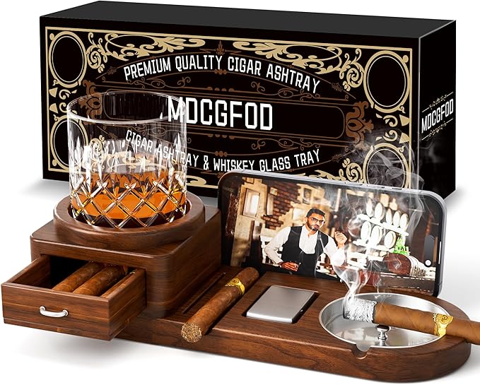 Father Day Gifts Wood Cigar Ashtray Cigarettes Ashtrays for Indoor Outdoor Patio Home Office Use Square Wooden Brown Cigar Ash Tray Father s Day Gift Ideas for Men with GIFT BOX (with drawer)