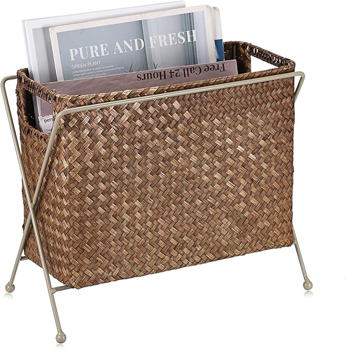 BTSKY Magazine Basket, Mail Basket for Counter, Woven Storage Bin with Metal Rack & Handle for Files, Books, Newspapers, Desktop Organizer for Office, Living Room, Dorm, Bathroom, 12"x5.7"x8.7"