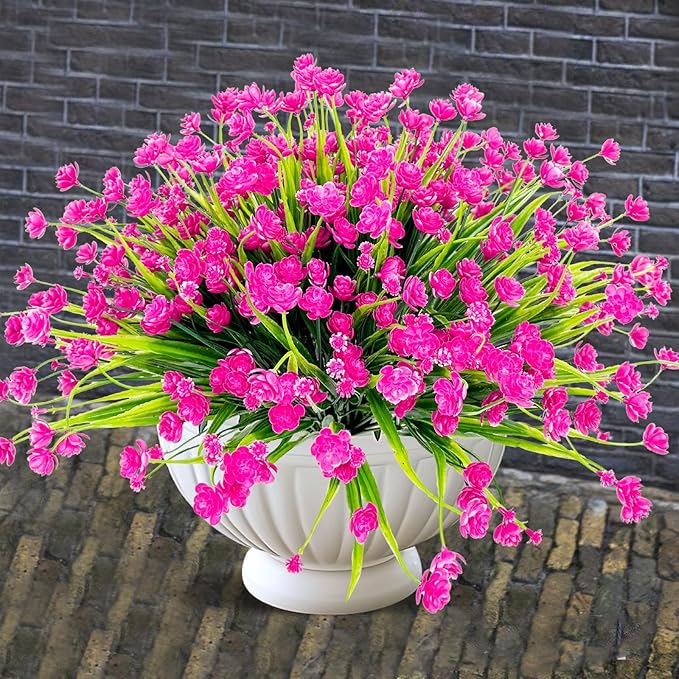 TURNMEON 20 Bundles Artificial Flowers for Outdoors Fake Plants Spring Decor, UV Resistant Artificial Plants Cemetery Flowers Faux Plastic Greenery Shrub for Porch Yard Summer Decor 500 Heads(Pink)