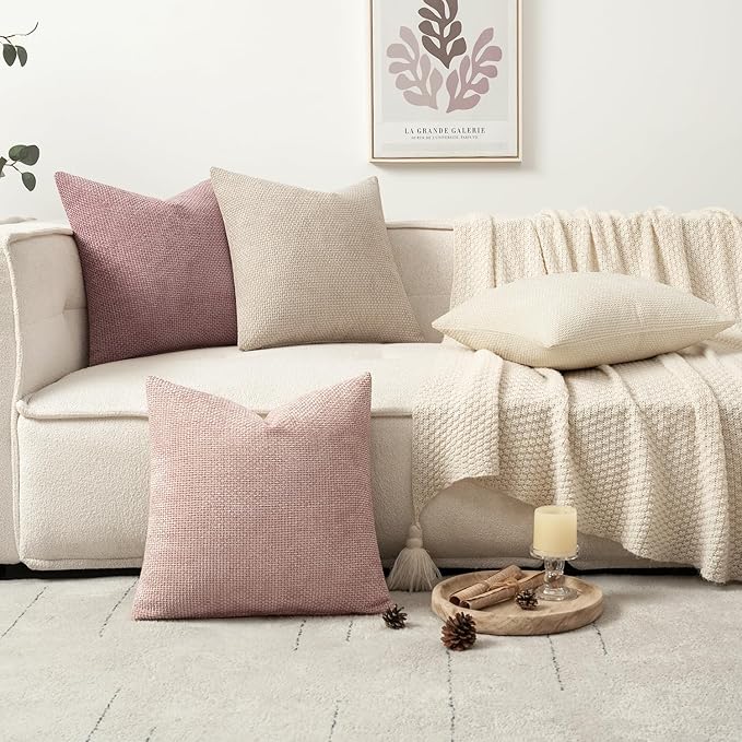 MIULEE Pack of 4 Valentines Couch Throw Pillow Covers 20x20 Inch Neutral Pink Cute Decorative Chenille Pillows Farmhouse Boho Accent Cushion Covers for Coquette Room Spring Decor Sofa Bed Living Room