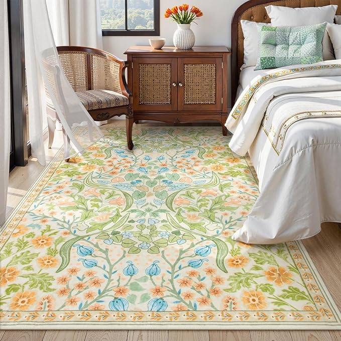 Moynesa Floral 5x7 Area Rugs, Machine Washable Rugs for Bedroom, Non Slip Boho Rugs for Living Room, Large Flower Stain Resistant Floor Carpet for Dining Room Home Office, Spring