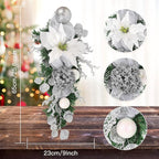 Silver Christmas Swag with Glitter Poinsettia, Pinecones, Ornaments and Mesh Ribbon 23.6" White and Silver Teardrop Swag for Christmas Decorations Artificial Wall Door Hanging Holiday Decor