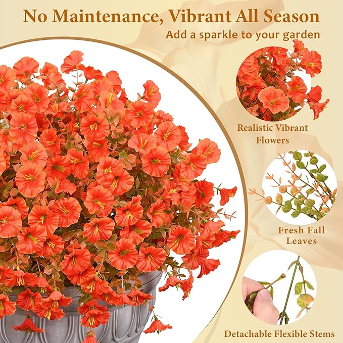 MARTINE MALL Artificial Fall Flowers for Outdoors, 12 Bundles Faux Fall Flower for Outdoor Planters, UV Resistant Fall Flowers Artificial for Outdoors Fake Autumn Petunias for Front Porch (Orange)