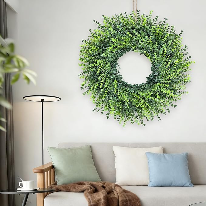 HUZIYAHAN 28In Large Boxwoods Door Wreaths for Front Door Spring Summer Outside All Season Green Year Round Artificial Greenery Wreath for Wall Window Rustic Farmhouse Home Outdoor Indoor Decorations