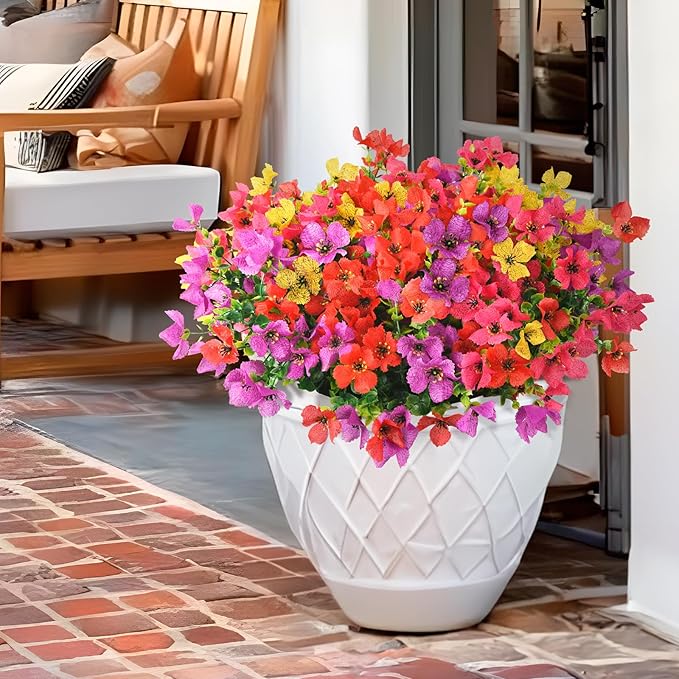 Homsunny Artificial Fake Flowers Plants for Outdoors - 12 Bundles Fake Plants Faux Silk Flowers Outside, UV Resistant for Planter Front, Porch, Garden, Patio, Spring Decor