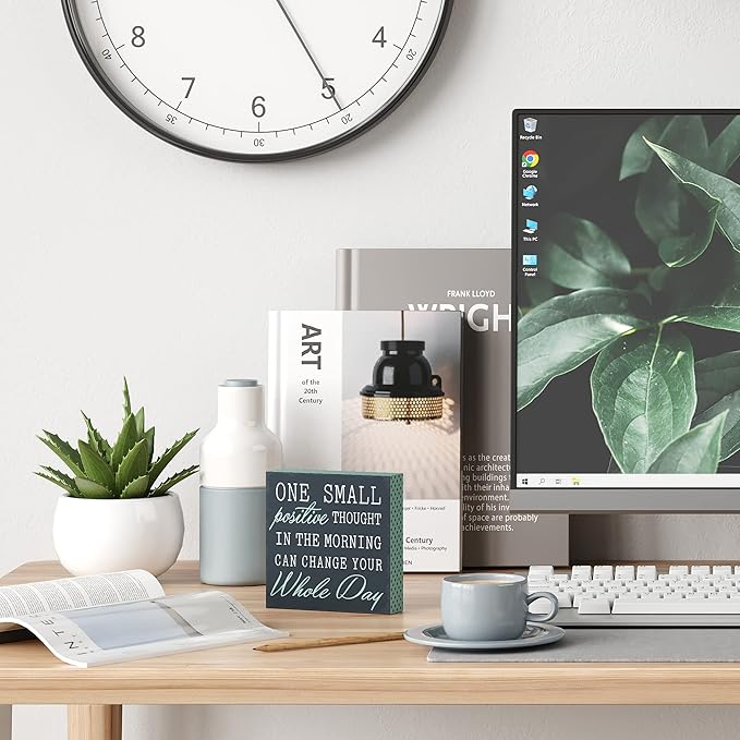 Barnyard Designs Wooden Box Sign Motivational Desk Decor, Inspirational Office Desk Decorations for Women Office Bathroom Shelf Décor (Positive Thought)