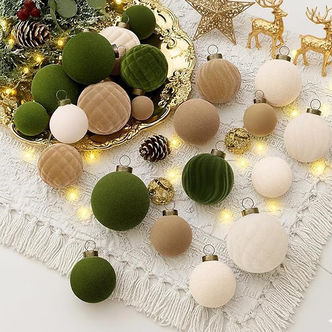 XmasExp 36PCS Velvet Christmas Ornaments Set Mixed Flocked Balls Ornaments Shatterproof Christmas Tree Decorations for Holiday,Party,Home（Mixed）