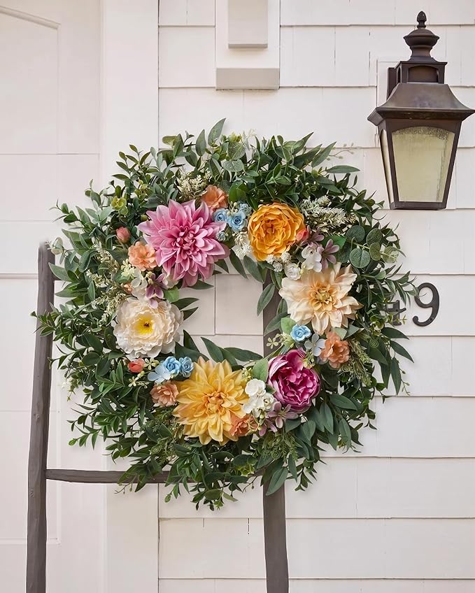 Somikis 24 Inch Front Door Wreath, Large Artificial Flowers Wreath with Silk Peony Dahlia Eucalyptus, Realistic Greenery Welcome Floral Wreath Decor All Year Round for Inside Outside Wall Entryway