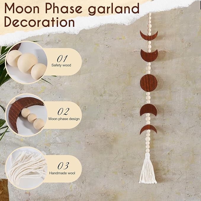 Moon Phase Wall Hanging Wood Beaded with Tassel,Phases of The Moon,Boho Home Decor for Living Room Bedroom Office(Brown)