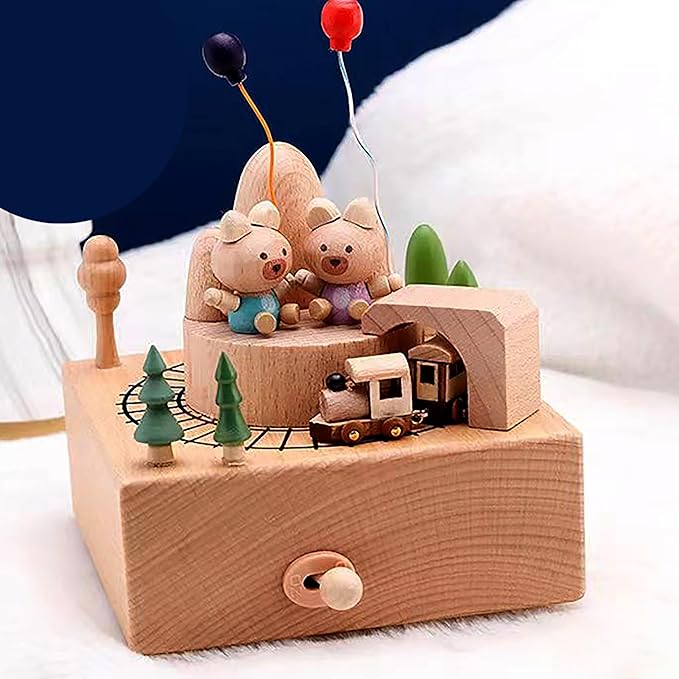 Natural Solid Wood Handcrafted Beech Wooden, Musical FigureTotoro/Carousel/Fairy/Ballerina Figurine,Rotating Hand Crank Mechanism Music Box,Musical Decorations (Little Bear and Train)