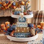 Lineshading 4 Pcs Fall Decoration for Home Wooden Blue Pumpkin Decor Thanksgiving Tiered Tray Decor Fall Centerpiece Rustic Decorative Block Signs Gift Farmhouse Autumn Table Decors for Home Kitchen