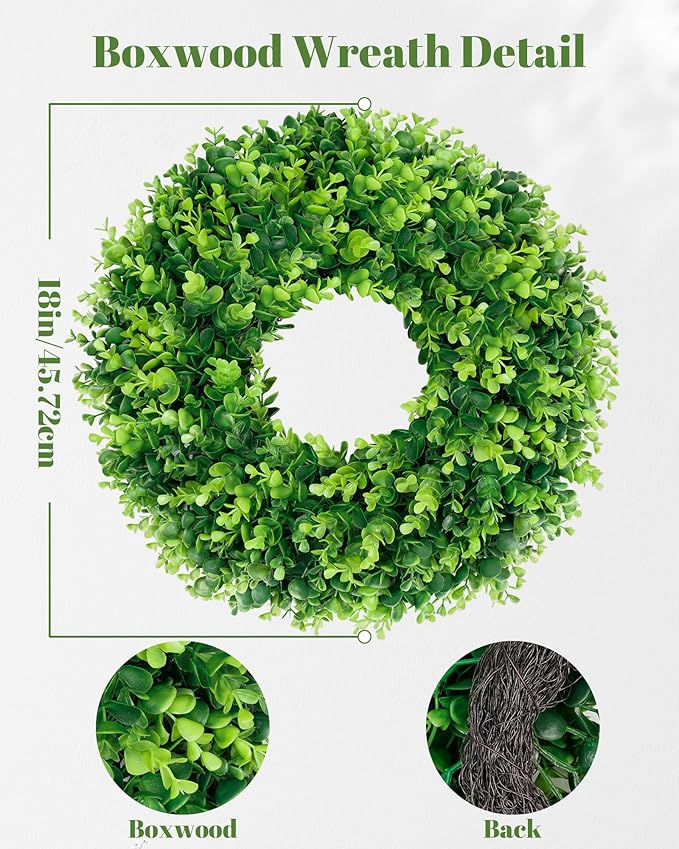 DDHS 16-18in Small Boxwood Wreath for Front Door – Artificial Green Farmhouse Wreath, Spring Summer Fall Winter DIY Decor, for Indoor Outdoor Year-Round Wedding Home Decorations
