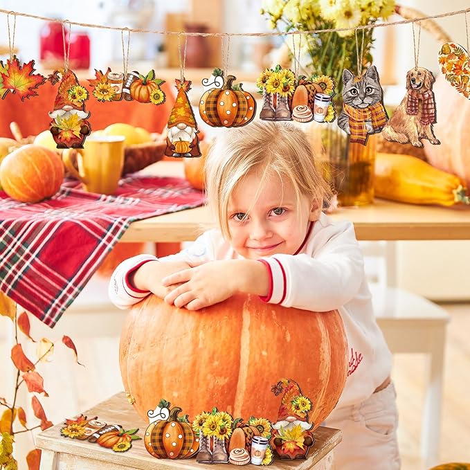 Sintuff 36 Pieces Fall Tree Ornaments Thanksgiving Wooden Hangings Decorations for Small Tree Harvest Vintage Pumpkin Gnome Maple Leaf Party Wood Hanging Sign Fall Autumn Home Party Supplies