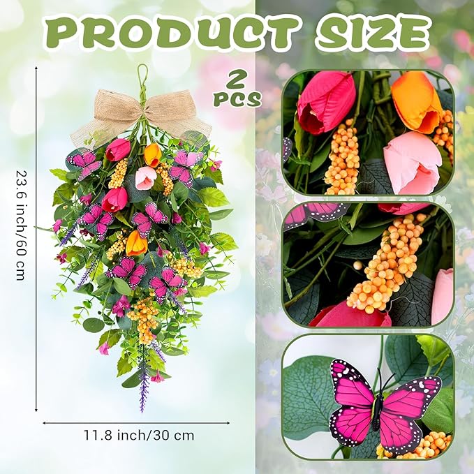 2 PCS 24'' Spring Swags for Front Door Artificial Tulip Teardrop Swags Lavender Butterfly Eucalyptus Swags Wreath Spring Summer Floral Hanging Swags for Farmhouse Wedding Cabinet Home Outdoor Decor