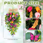 2 PCS 24'' Spring Swags for Front Door Artificial Tulip Teardrop Swags Lavender Butterfly Eucalyptus Swags Wreath Spring Summer Floral Hanging Swags for Farmhouse Wedding Cabinet Home Outdoor Decor