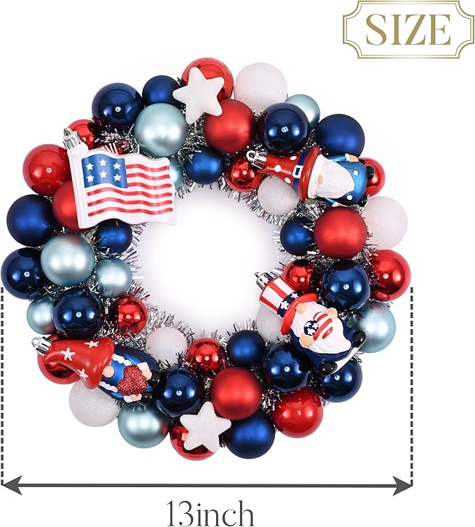 Valery Madelyn 4th of July Ball Wreath for Front Door with Lights, Red White Blue Patriotic Gnome Wreath Memorial Day Decorations with Ball Ornaments for USA 250th Anniversary Summer, 13"