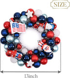 Valery Madelyn 4th of July Ball Wreath for Front Door with Lights, Red White Blue Patriotic Gnome Wreath Memorial Day Decorations with Ball Ornaments for USA 250th Anniversary Summer, 13"