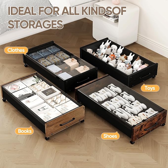 Under Bed Storage with Wheels, 2 Packs Wooden Storage Containers Extra Large Underbed Shoes Organizer, Rolling Under Bed Storage Drawers with Clear Lid, Heavy Duty for Clothes Toys 36"L (Vintage)