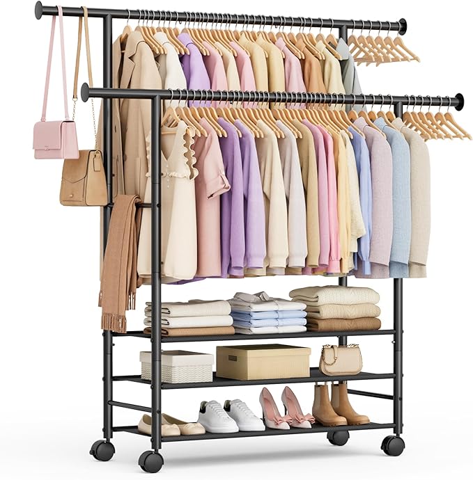 SLEEPING LAMB 44" Double Rods Clothes Rack for Hanging Clothes, Sturdy Wardrobe Clothing Rack with 3 Tier Shelves, Portable Rolling Garment Rack With Wheels for Bedroom, Laundry Living Room, Black