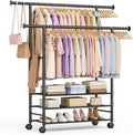 SLEEPING LAMB 44" Double Rods Clothes Rack for Hanging Clothes, Sturdy Wardrobe Clothing Rack with 3 Tier Shelves, Portable Rolling Garment Rack With Wheels for Bedroom, Laundry Living Room, Black