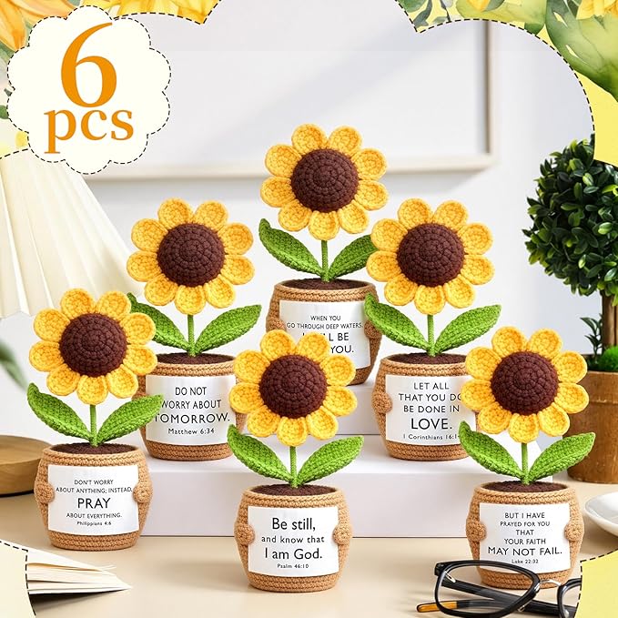 Wavwavw 6 Pcs Christian Gift for Women Inspirational Religious Gifts Positive Faith Scripture Crochet Handmade Bible Verse Crochet Doll with Prayer Card for Vbs Church(Sunflowe)