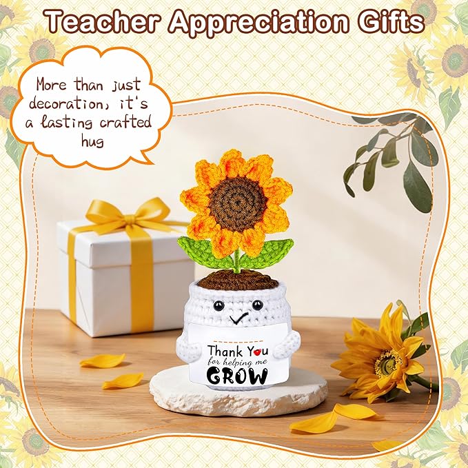Teacher Appreciation Gifts, Thank You Teachers Gift, End of Year Teacher Gifts, Personalized Graduation Father's Day Birthday Gift for Teachers Mentor Coworker Senior, Handmade Crochet Sunflower Doll