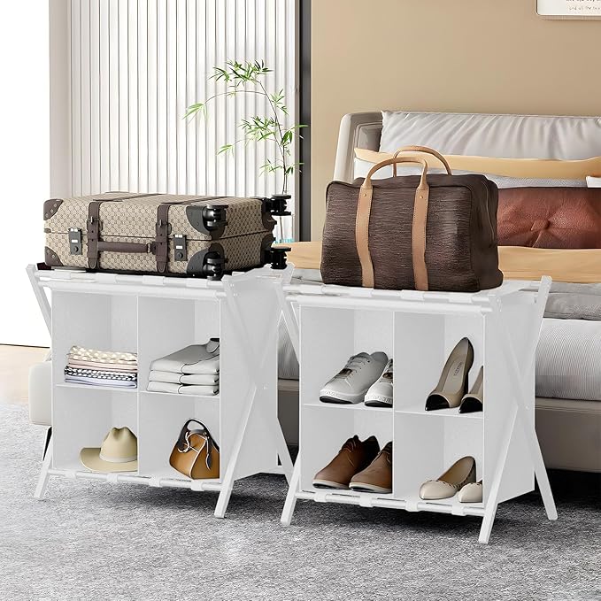 Luggage Rack for Guest Room, Set of 2, Folding Suitcase Stand with Fabric Storage Shelf, Luggage Holder, Steel Foldable Luggage Stand for Guest Room, Bedroom, Hotel, White