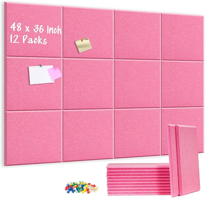 DOLLAR BOSS Large Cork Board for Wall 48" x 36" x 0.5" Pink Bulletin Board 12 Packs Corkboard Tiles Self Adhesive Felt Wall Tiles for Office Home School, Pink