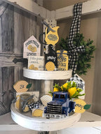Navy Blue Metal Truck with Artificial Lemon Decor, Farmhouse Spring Summer Centerpiece for Kitchen and Dining Table, Small Ornament for Sidetable, Summer Theme Tiered Tray Decor, 8-inch…