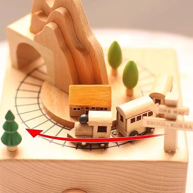 Natural Solid Wood Handcrafted Beech Wooden, Musical FigureTotoro/Carousel/Fairy/Ballerina Figurine,Rotating Hand Crank Mechanism Music Box,Musical Decorations (Mountain and Train)
