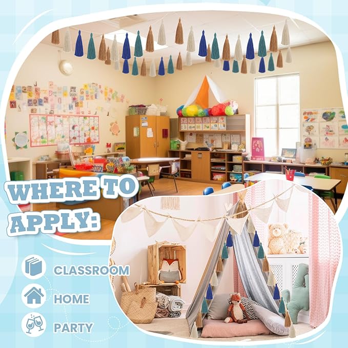 WILLBOND 4 Pieces Valentine's Day Tassel Garland for Classroom Wall Decor Boho Pastel Garland Cotton Tassel Banners for Party School(6.2 Inch,Fresh Colors)