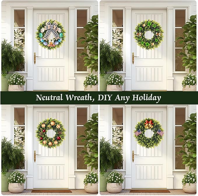 Set of 2, 24-26'' Large Boxwood Wreath for Front Door, Porch, Window - Foldable Greenery Boxwood Wreaths for Farmhouse Wedding Decor - Spring, Summer, Fall, All Seasons (with Bow)