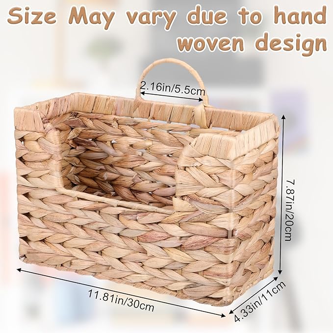 WLLHYF Woven Hanging Magazine Holder Water Hyacinth Storage Basket Wall Mounted Wicker Organizer Boho Modern Farmhouse Book Rack with Handle File Newspaper Mail Holder for Home Office