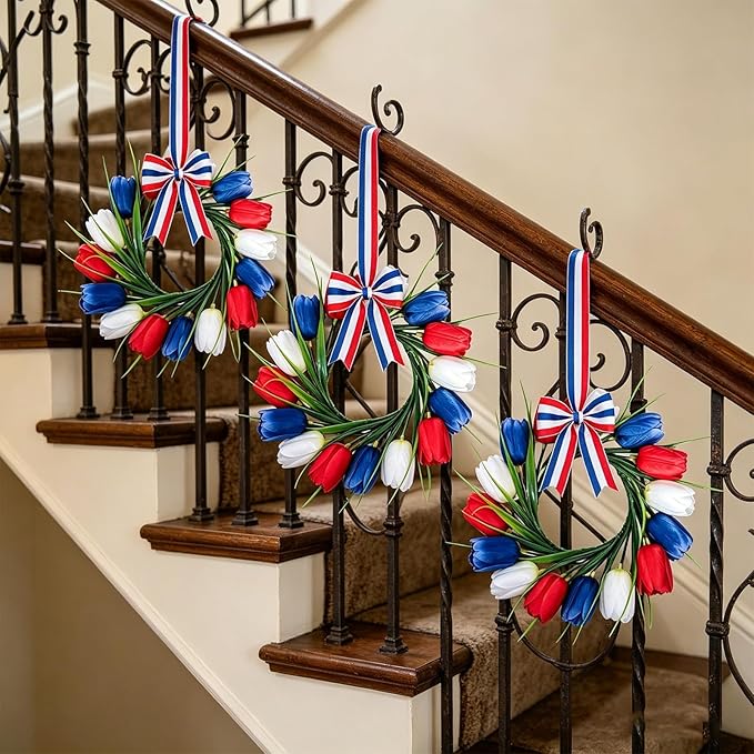 6 PCS 4th of July Hanging Wreaths for Cabinet Small Patriotic Tulip Silk Independence Day Wreaths for Front Door with Red White and Blue Flower Memorial Day Labor Day Candle Wreath for Home Wall Decor