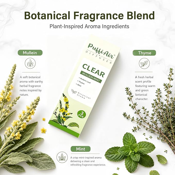 PUFFIAIR Botanical Fragrance Stick Set, Plant-Based Mullein, Thyme & Mint Botanical Scent, Non-Electronic Personal Fragrance Accessory, 3 Sticks, 1 Pack