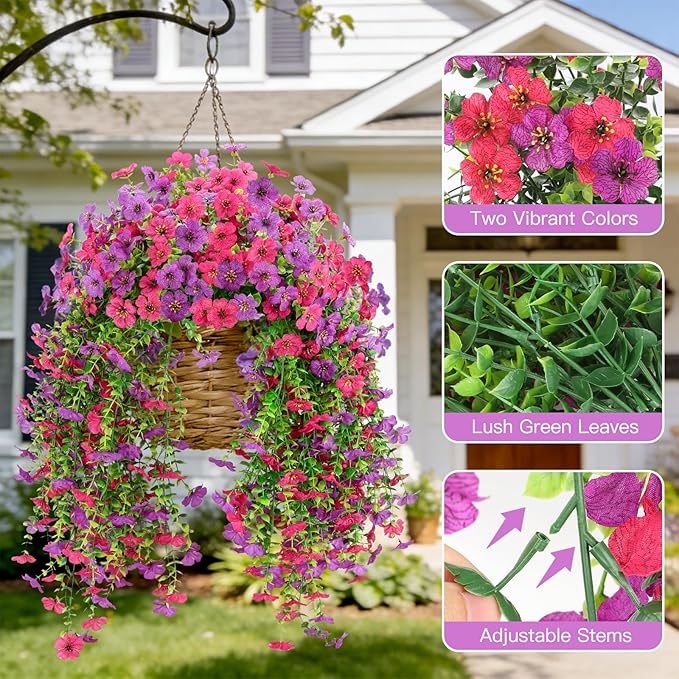 4 Bundles Fake Flowers for Spring Decor, Hanging Artificial Flowers for Outdoors, UV Resistant Spring Floral Stems for Porch, Window and Garden Decoration (4)