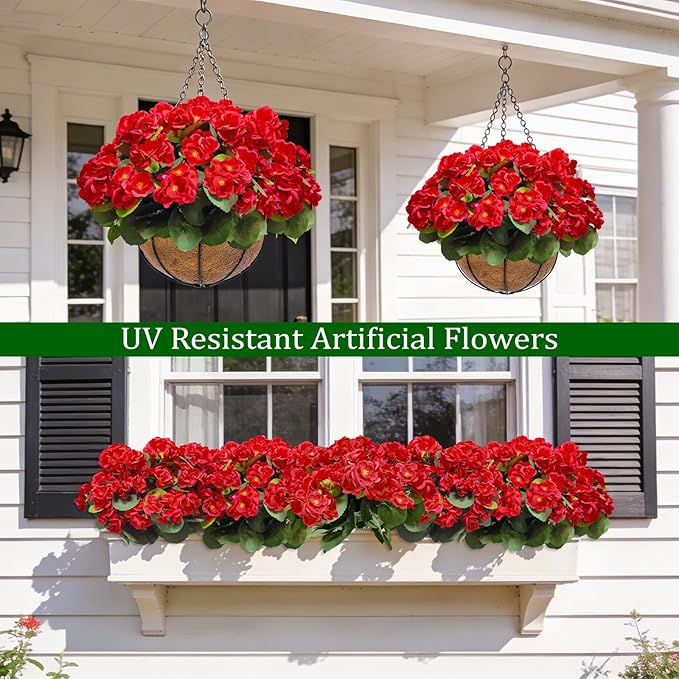 Artificial Geraniums Flowers for Outdoors Spring Decor, 8 Bundles UV Resistant Fake Geraniums Flowers Silk Faux Plants for Home Planter Gardens Table Patio Porch Indoor Summer Cemetery Decor(Red)