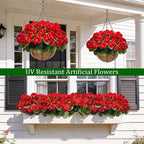 Artificial Geraniums Flowers for Outdoors Spring Decor, 8 Bundles UV Resistant Fake Geraniums Flowers Silk Faux Plants for Home Planter Gardens Table Patio Porch Indoor Summer Cemetery Decor(Red)