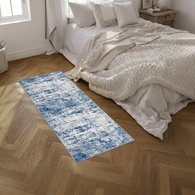 2'x5'Runner Rug Washable Rug: Modern Abstract Soft Thin Runner Rug Blue
