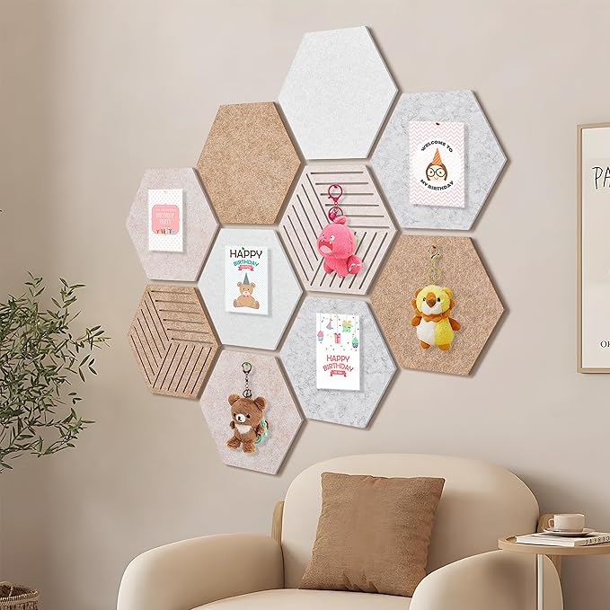 10 Pack Hexagon Cork Board Tiles Alternative, 12'' Fully Self-Adhesive Modern Felt Bulletin for Wall Decor, Frameless Pin Board for Office, Renter-Friendly Decorative Hexagon Corkboard with 30 Pins