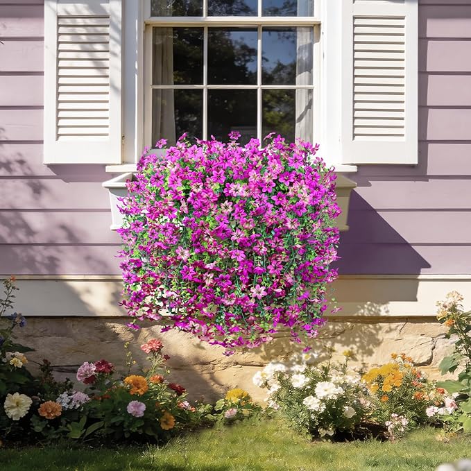 INQCMY Artificial Hanging Flowers Decoration, 4pcs Fake Floral Basket Plants for Outdoor Porch, Faux Shrubs Home Spring Decor UV Resistant Potted Violets for Outside Garden No Fade