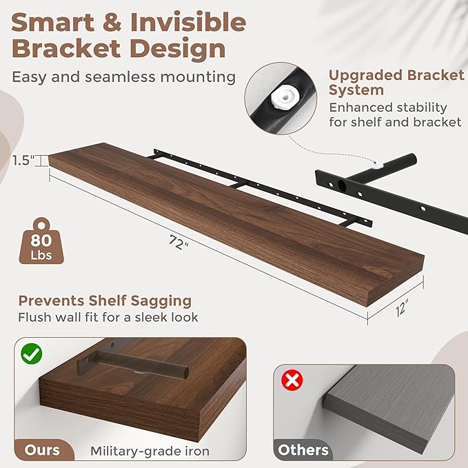72 Inch Long Floating Shelves for Wall Set of 2, 12"D Wood Grain Bathroom Shelves with Invisible Brackets, Easy Install Engineered Wood Storage Shelves for Kitchen, Living Room, Bedroom, Walnut Finish
