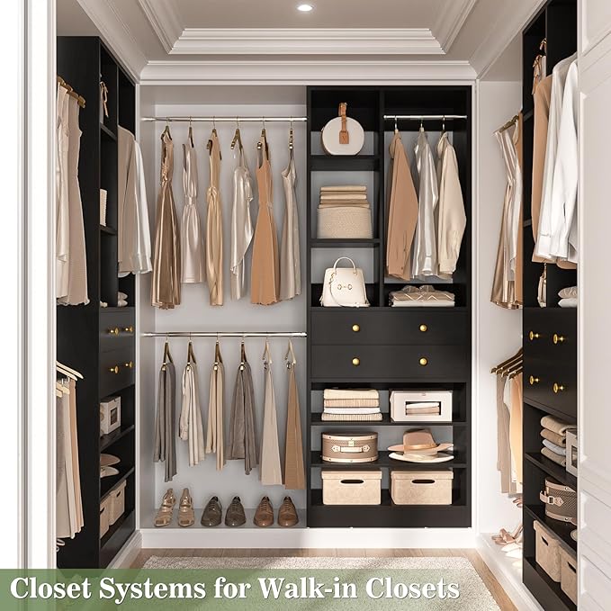 Closet System, 4.2–8.8 FT Closet Organizer with 2 Wooden Drawers and Shelves, Walk-in Closet System with 5 Hang Rods, Built-in Closet Tower, Can Fit 60 to 96 inch, Black