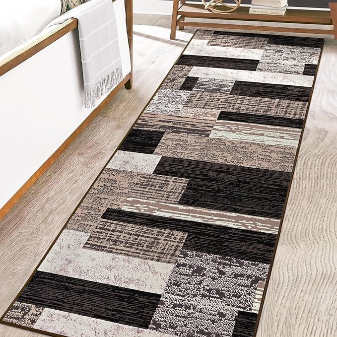 FlyDOIT Modern Geometric Patchwork Area Rug, 2.7x8 Chocolate Runner Rugs for Living Room, Rockwood Collection Indoor Rugs for Bedroom, Throw Carpet Floor Decor for Entryway Dining Room Office Nursery
