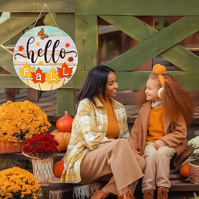 PETCEE Hello Fall Door Sign - 11.5" Farmhouse Maple Leaf Front Door Decor Welcome Hanger Wreaths for Home Office Autumn Fall Decor Wall Decorations Reusable Seasonal Sign for Kitchen Classroom Porch