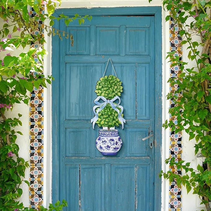 RattanView 1 Pcs Large Size Chinoiserie Bonsai Door Hanger Rustic Topiary Wooden Sign Front Door Home Wreath Ornament for Farmhouse Indoor Outdoor Yard Porch Welcome Decor(Classic,27.16 x 11.81 in)