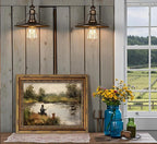 Vintage Gold Framed Wall Art Boy Fishing Country Oil Painting Canvas Prints Peaceful Lake Landscape with Dog Picture Rustic Farmhouse Poster Artwork for Nursery Living Room Bedroom, 9x11in