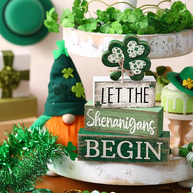 Lineshading 4 Pcs St Patricks Day Table Decor Wooden Shamrocks St Patrick's Day Tiered Tray Decor Irish Centerpiece Green Lucky Shamrocks Block Signs for Saint Patty's Party Home Kitchen